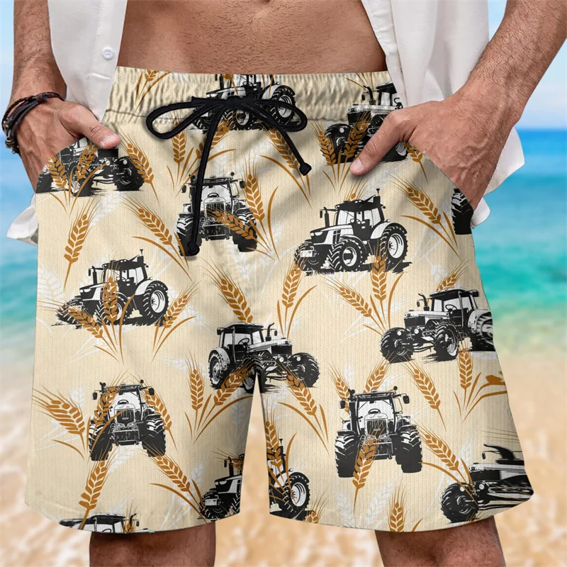 3D Printed Tractor Short Pants For Men Farmland Pattern Beach Shorts Fashion Casual Oversized Street Hawaiian Surf Swim Trunks