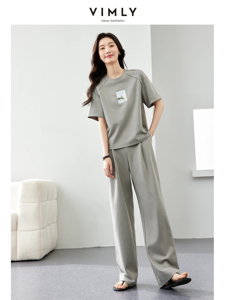 

VIMLY Sporty Blouse Matching Sets For Women Summer Simple Loose Printed Top+Casual Elastic Waist Wide-Leg Pants Two Piece Set