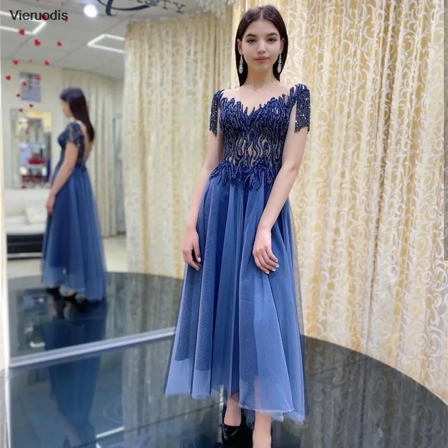 

Sparkle Blue Evening Dress Tassel Sheer Neck Cap Sleeve Lace Appliques Beads Button Ankle-Length Formal Party Prom Gown 2022