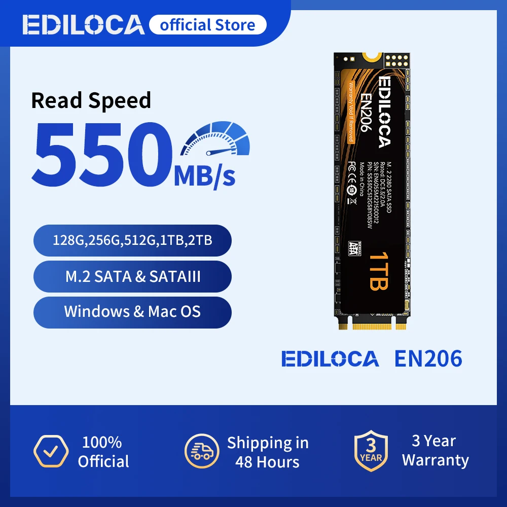 

Ediloca EN206 SSD SATA 256GB 512GB 1TB 2TB M.2 SSD 3D NAND TLC 6Gb/s 550MB/s Internal Solid State Drive for Laptop PC Desktop