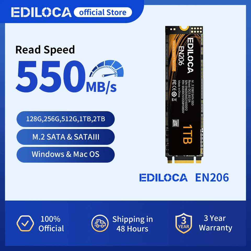Ediloca EN206 SSD SATA 256GB 512GB 1TB 2TB M.2 SSD 3D NAND TLC 6Gb