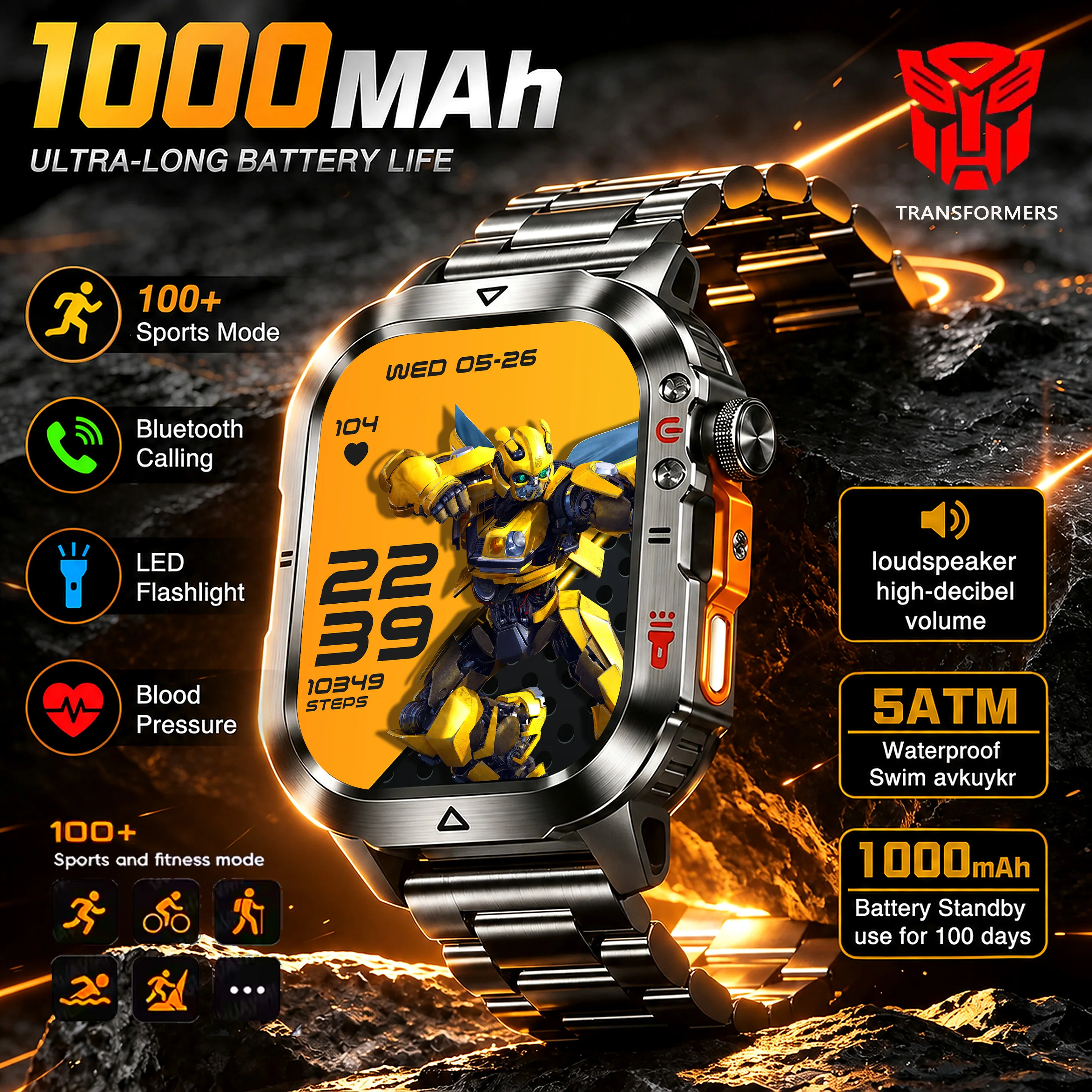 Nouvelle montre connectée militaire Bumblebee, 1000mAh, appel Bluetooth, lampe de poche LED, moniteur de pression artérielle, plus de 100 sports, étanche 5ATM, pour iOS et Android