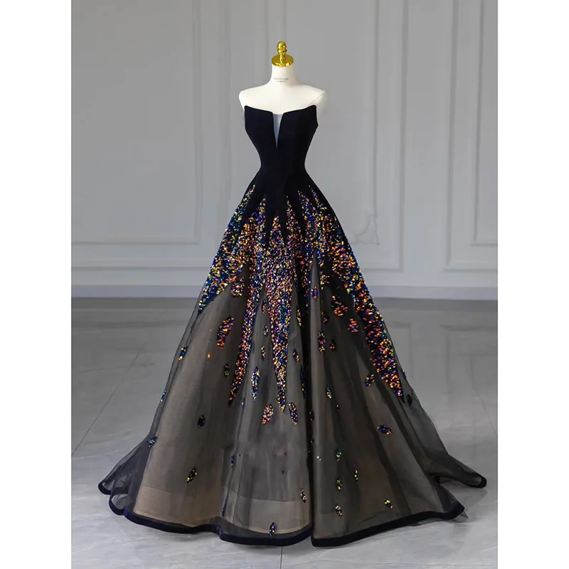 Elegantes schwarzes Abendkleid im Prinzessinnen-Stil für Damen, trägerlos, luxuriös, mit Pailletten, Ballkleid, ärmellos, Bankett, formelles Kleid