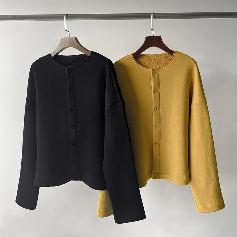 

Fleece-Lined Button-Down Cardigan With Dropped Shoulders And Tapered Sleeves Thick Fleece-Lined Cotton Cardigan Coat