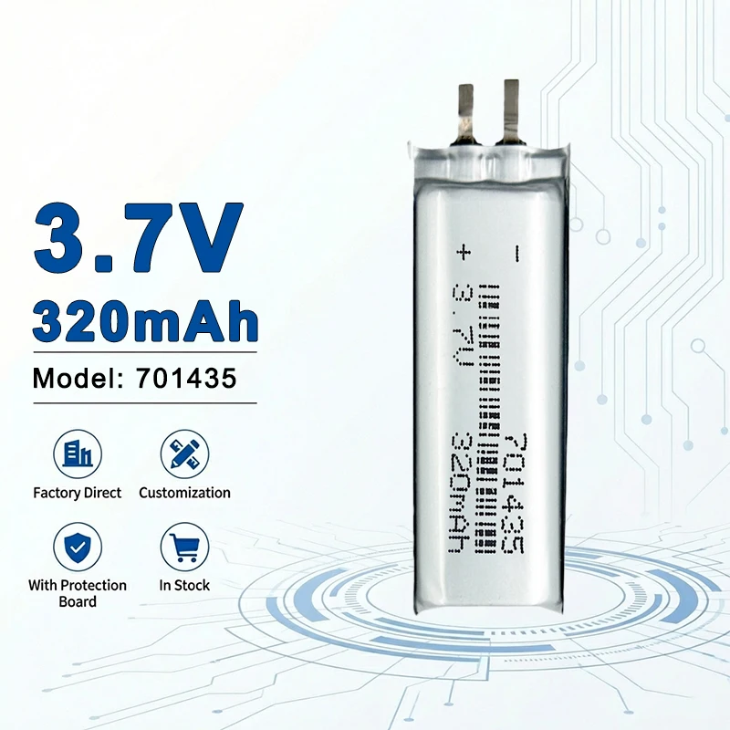 

Аккумулятор литий-полимерный (LiPo) перезаряжаемый, класс А, 3.7В, 320мАч, для бытовой электроники (модели 701435, 701530, 702020, 702025, 702030, 606090)