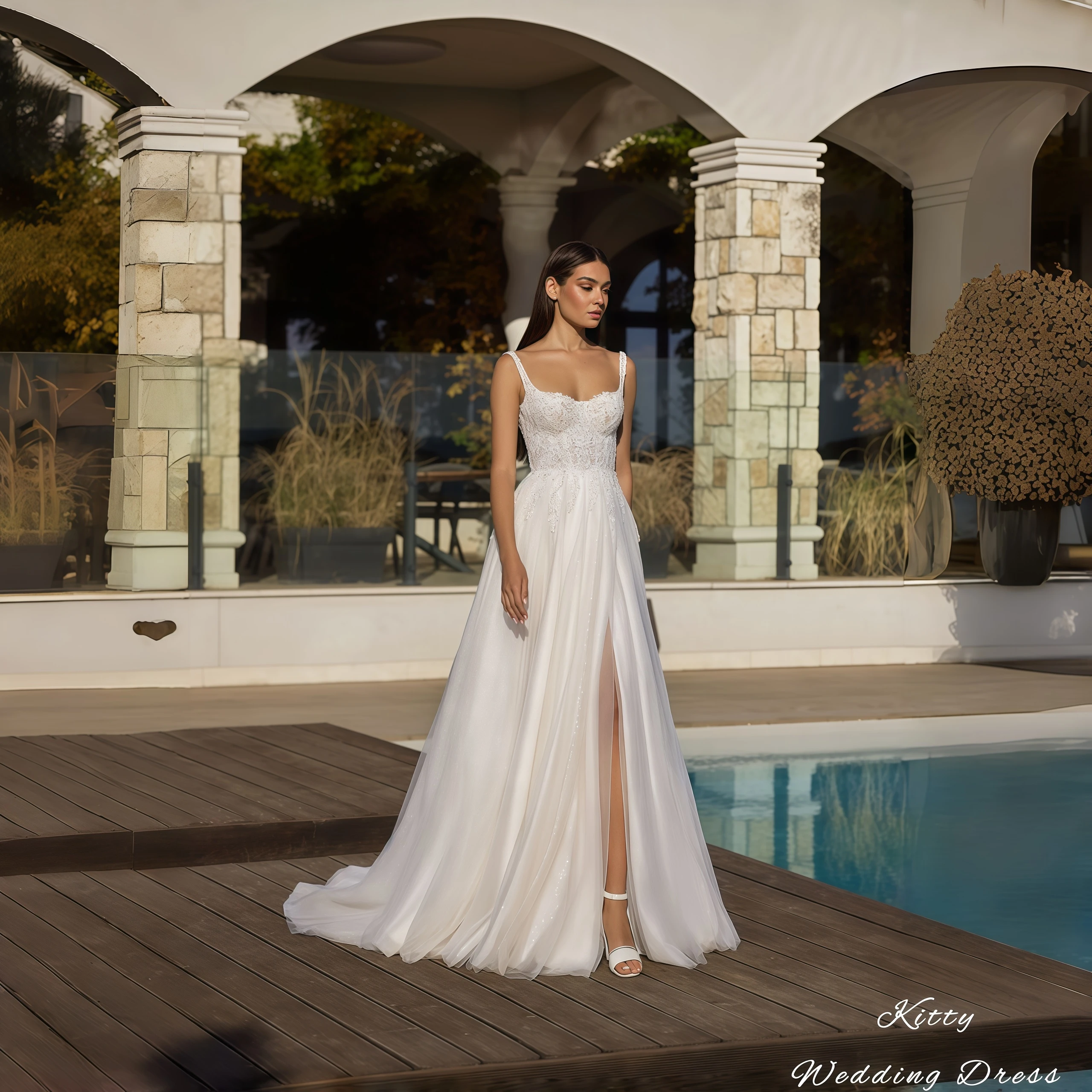 

Kitty Customized Elegant Wedding Dress Spaghetti Straps Sweetheart Beaded Lace Bodice Sparkle Tulle A-Line High Slit Bridal Gown