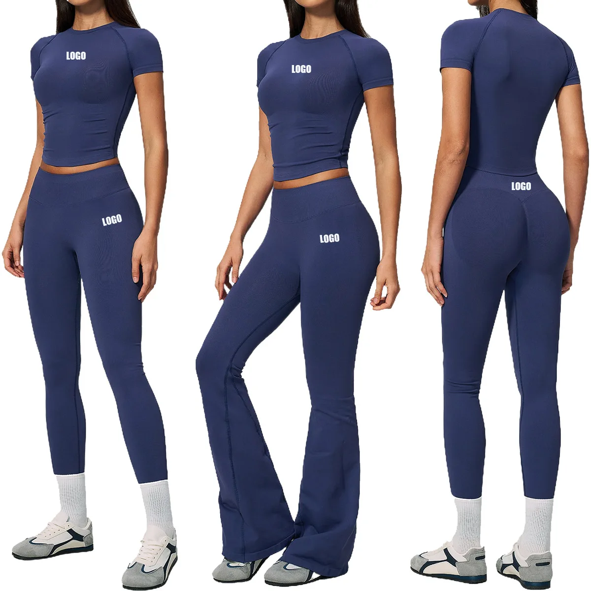 Custom LOGO women's new seamless yoga tight high elastic sports quick-drying short-sleeved trousers fitness two-piece set