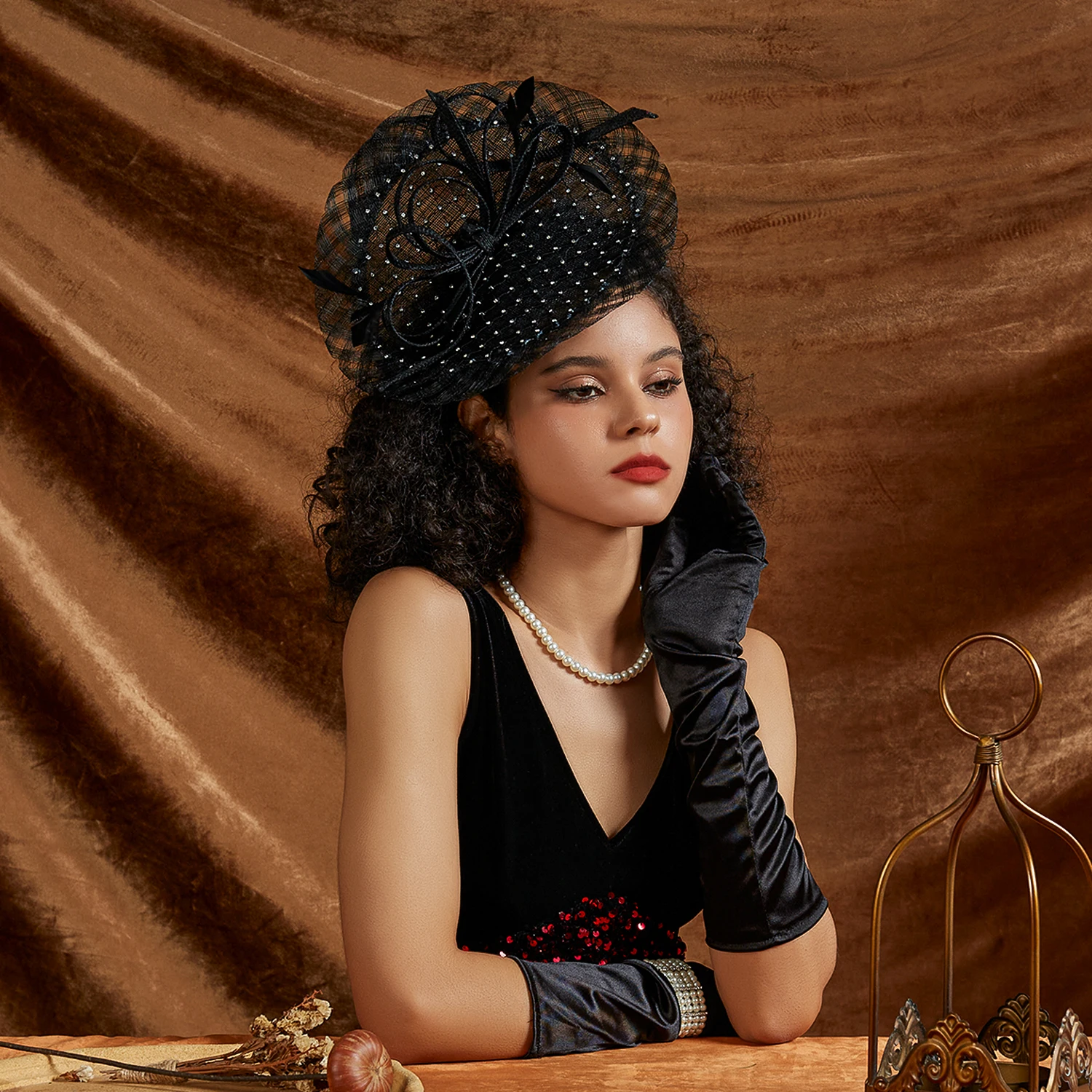 Large Mesh Fascinator Hat with Feathers Rhinestone Bow Derby  display picture 1
