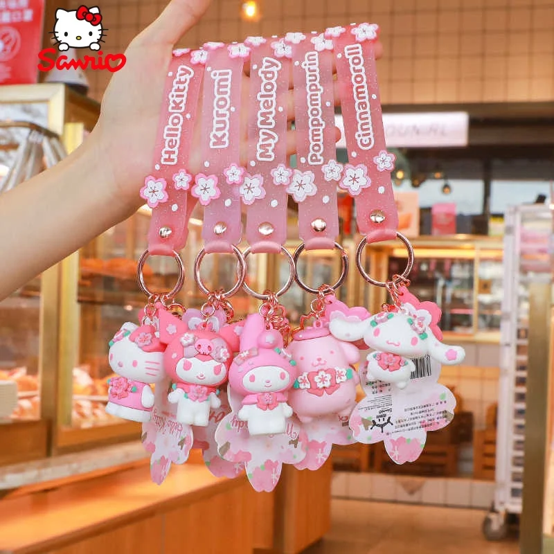 

Original Cartoon Keychain Kawaii Pink Hello Kitty Key Ring Cute Melody Kuromi Bag Ornament Sakura Accessories Car Pendant Gifts