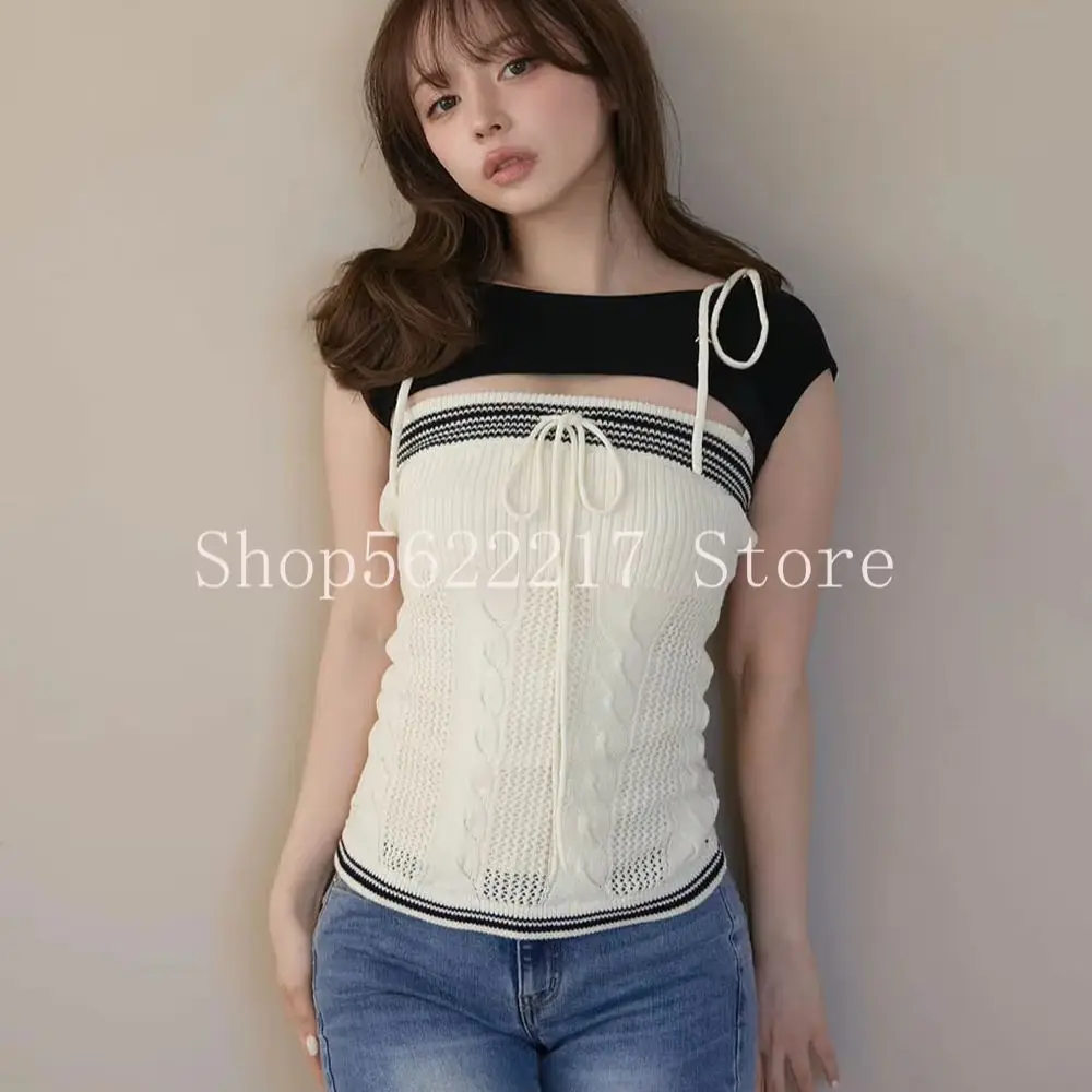 

Japanese Wind Summer Women Sets Colorblock Stripes Bow Knitted Camisole Tanks Top + Hot Chick Short Sleeve Smock Embroidery