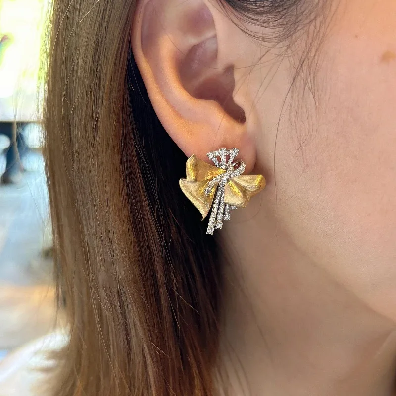 Vintage High quality glossy wire drawing bowknot earrings for women exquisite and fashion crystal luxury earings wedding jewelry