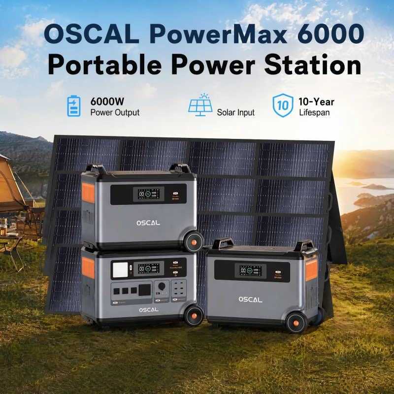 OSCAL PowerMax6000 Solar Generator (Compatible with Battery Packs/Solar Panels) 120V/240V Portable Power Station 6000W AC Output (9000W Peak), 2200W AC Charging, 2400W Solar Charging, App Control, Ideal for Home Emergencies and Battery Backup