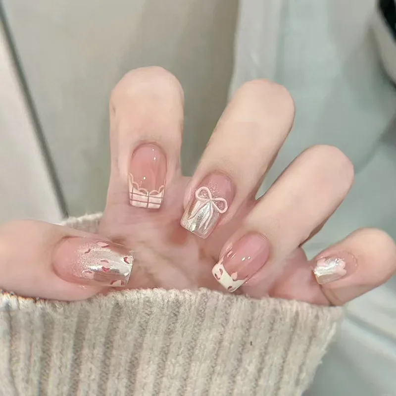 

24pcs Heart Cutout & Bow Press-On Nails - Pink Leopard French Tips Versatile Medium Square False Nails
