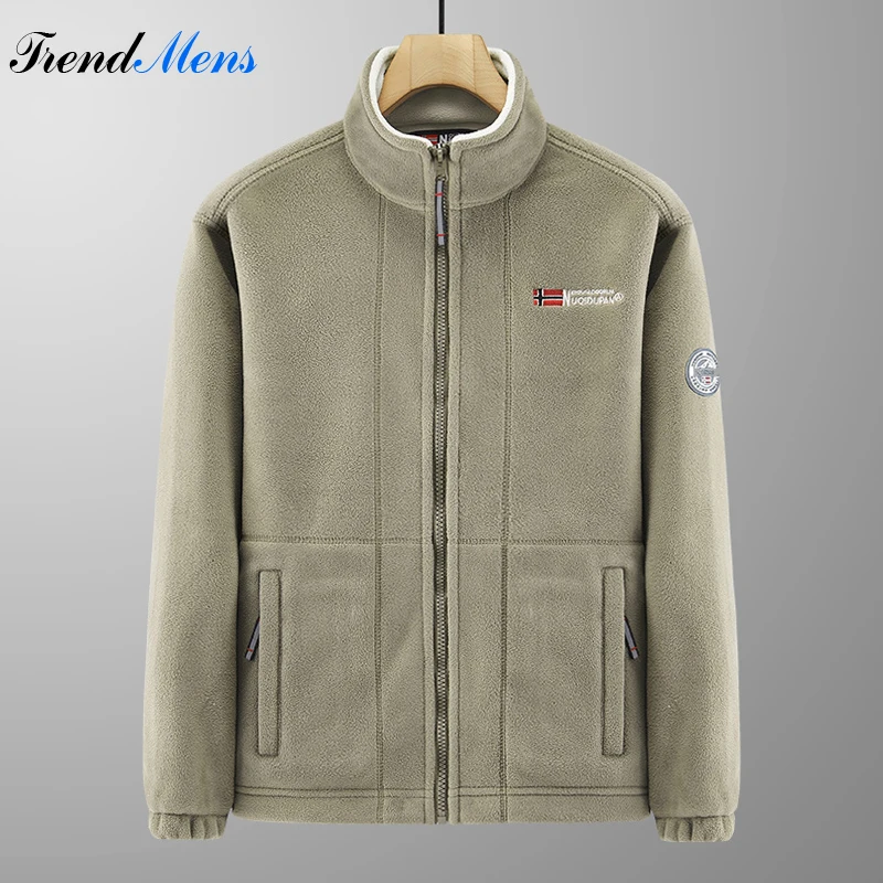 

Men's Winter Warm Jacket Polar Fleece Pockets Coats Solid Color Young Lapel Casual Clothes Cold-Proof Thickened Jacket Safari