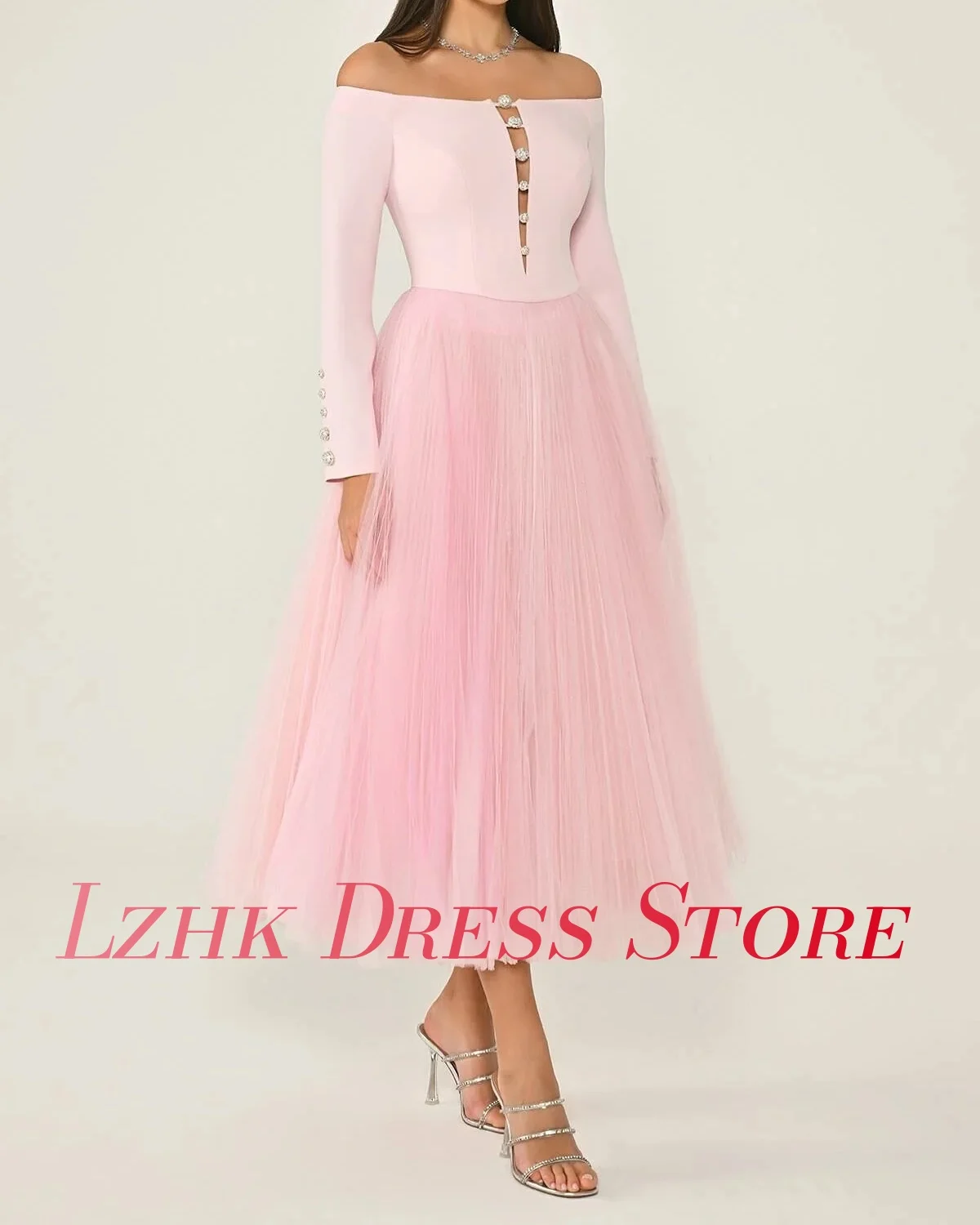 تخصيص مثير الأورجانزا ألف خط قبالة الكتف أزرار مساء اللباس جودة عالية طويلة الأكمام قارب الرقبة فساتين المشاهير