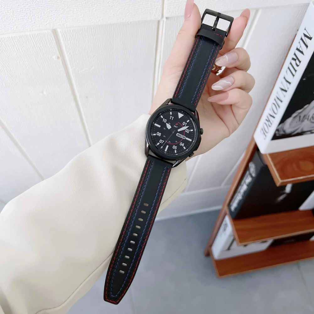 Pulseira de couro de 22mm 20mm para samsung galaxy watch 7/6/5/4/clássico huawei watch 4 3/gt5 pulseira de bordado amazfit gtr acessório