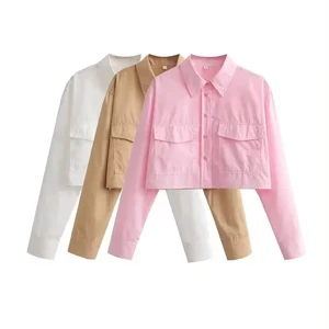 TRAF-CAMIAS POPELINE loose for women, long sleeve, female blouses with buttons, chic, vintage and fashion 10 Main Sales Crop Shirt - №3