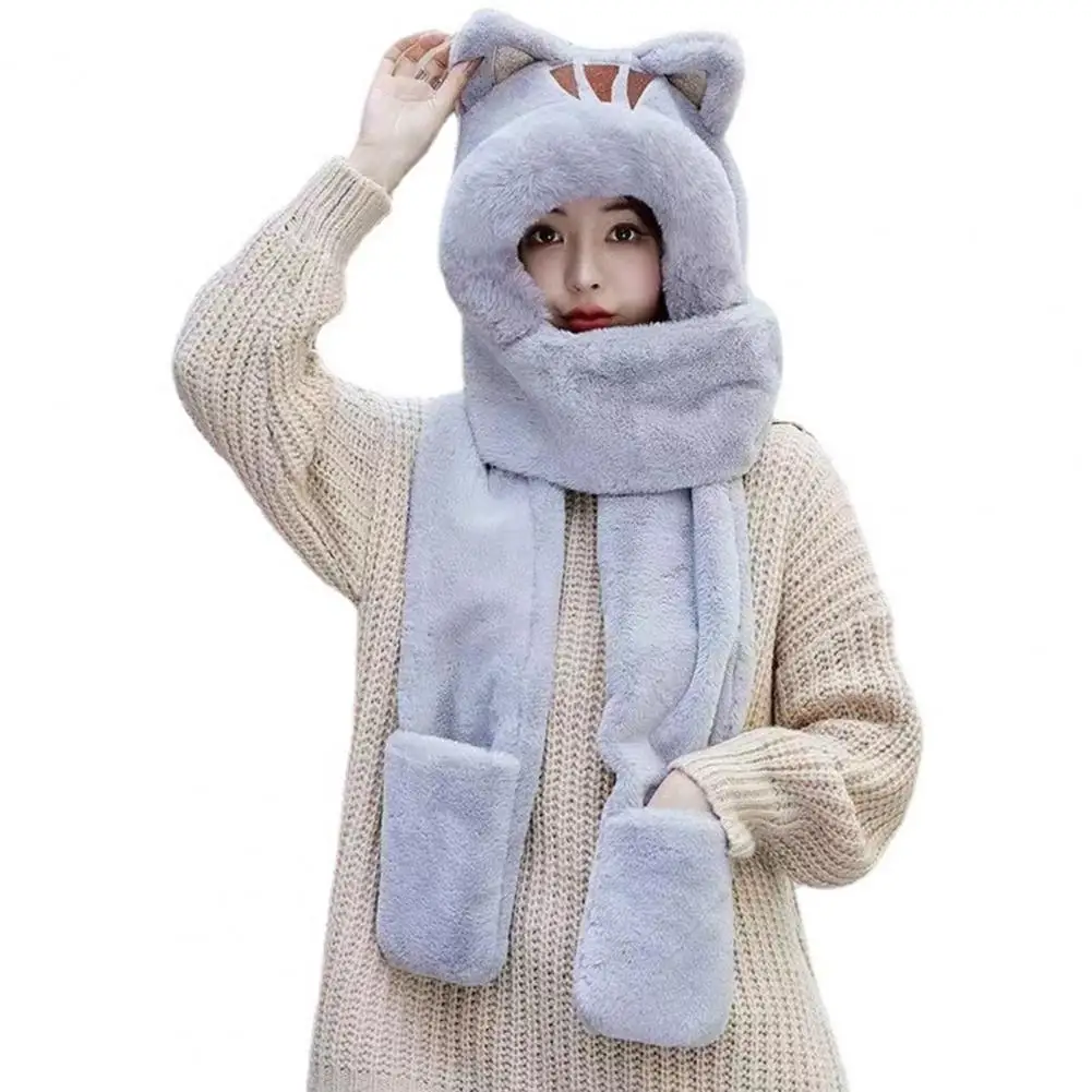 Women Hat Solid Color Cat Ears Design Thickened 3-In-1 Faux Fur Windproof Plush Thermal Hat Scarf Gloves Outdoor Wear