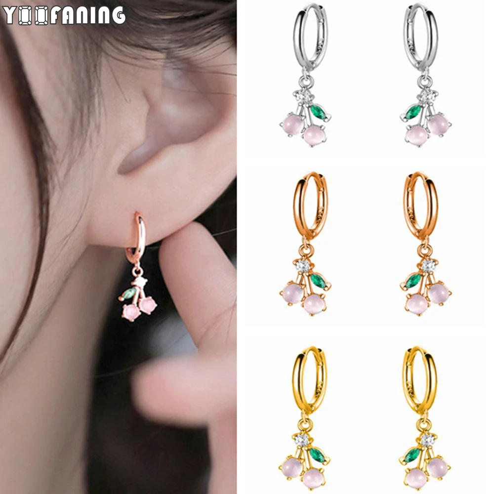 

925 Sterling Silver Earrings Exquisite Playful Gold Silver Pink Tricolor Hoop Earrings Cute Cherry Earrings for Women Jewelry