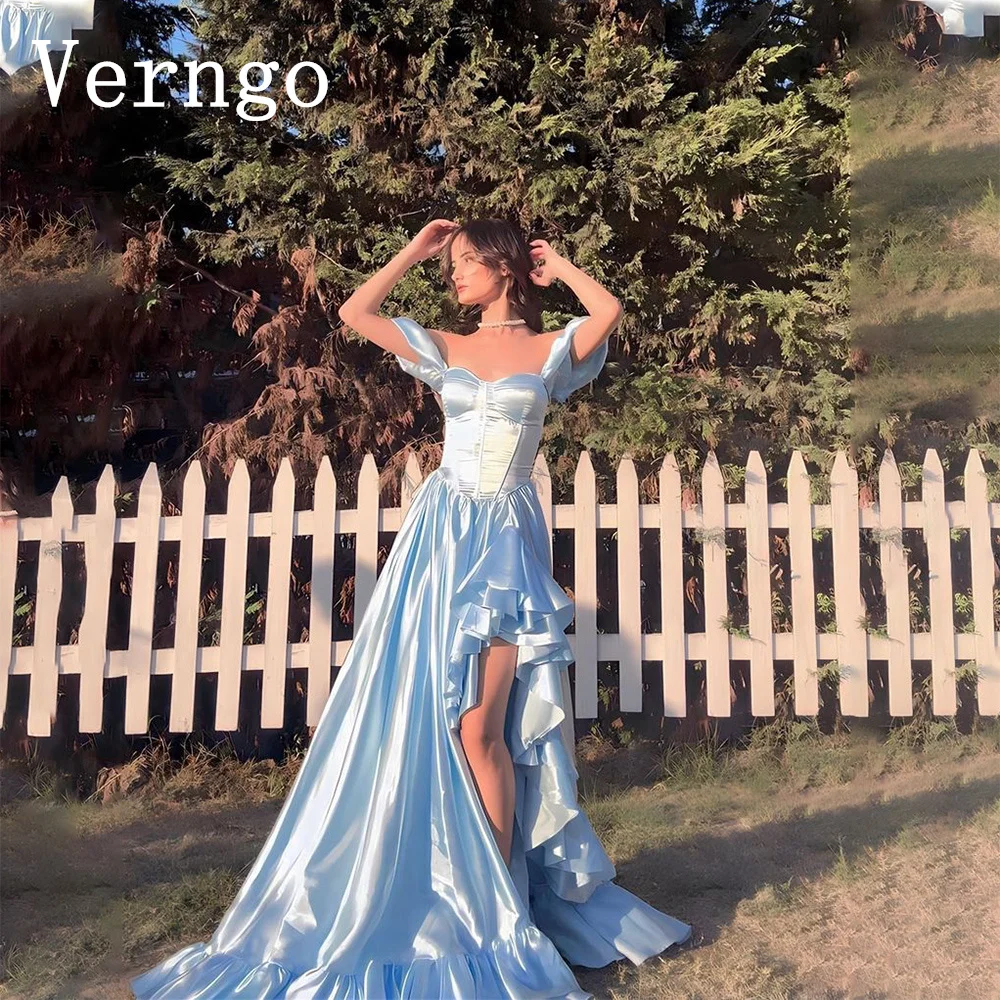 

Verngo Blue Satin Prom Gown Puff hort Sleeves A Line Party Dress Women Elegant Sweetheart Side Slit Evening Dress