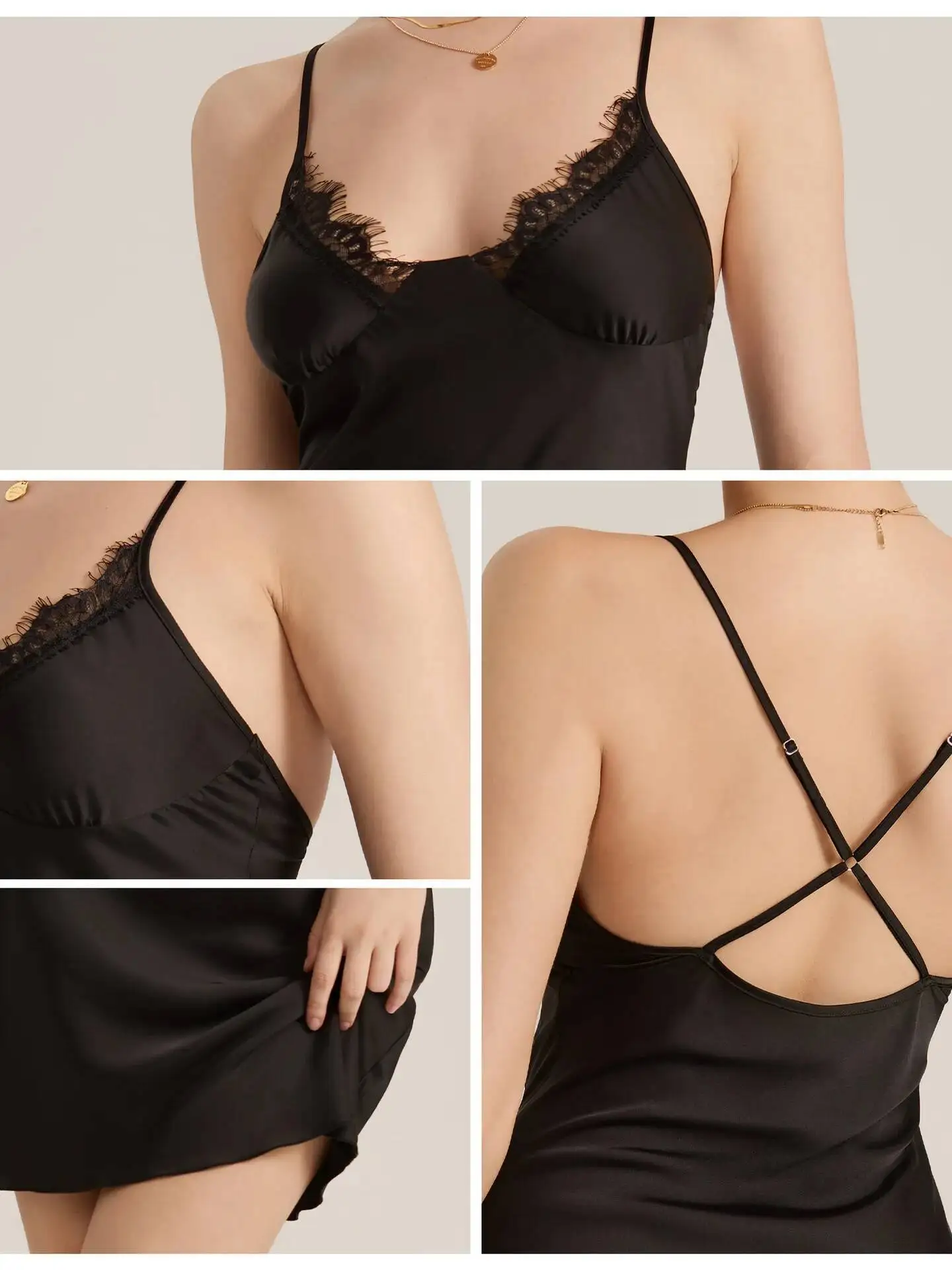 새로운 레이스 트림 섹시 스트랩 새틴 쉬폰 여성 순수한 욕망 슬립웨어 백리스 딥 V 서스펜더 민소매 미니 드레스 우아한 9I20