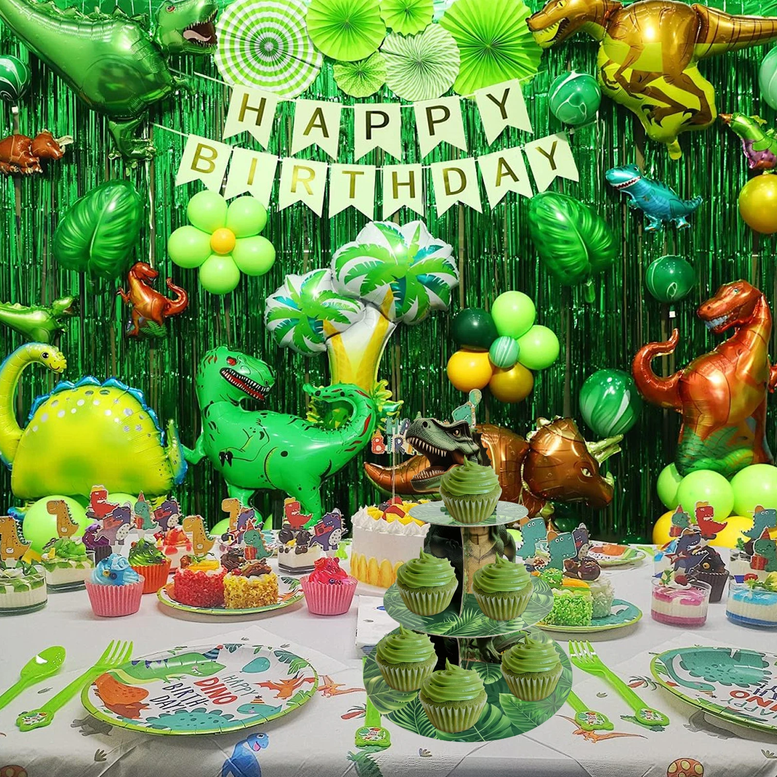 3 الطبقة ديناصور كب كيك حامل زينة الحفلات ديناصور موضوع حامل كب كيك زينة دينو برج الحلوى للأطفال دينو الغابة #3