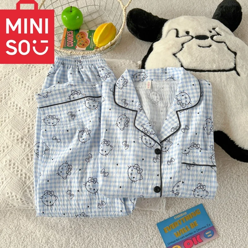 مرحبا كيتي بيجامة مجموعة النساء الخريف الشتاء جديد الراحة Y2K لطيف Kawaii منقوشة المتسكعون 2 قطعة طويلة الأكمام السراويل العليا ملابس خاصة #1