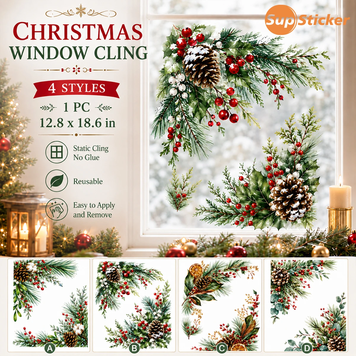 Christmas Window Clings, Pine Cone Berry Static Stickers, 4 Styles Reusable No Glue Xmas Decals for Home Glass Decor