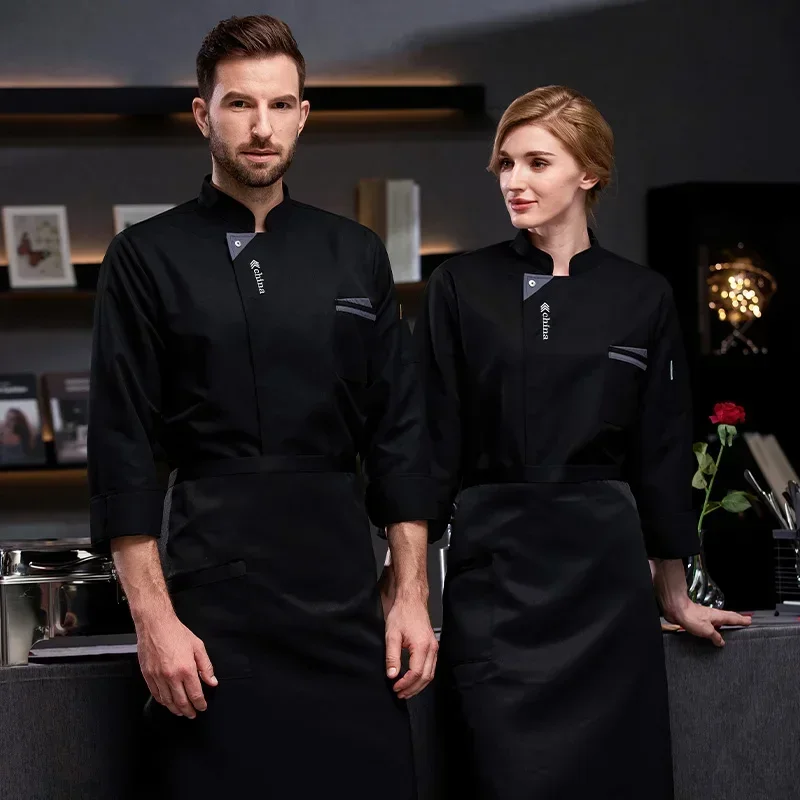 Uniforme de Chef pour hommes, chemise de Chef respirante à manches longues, noir et blanc, veste de Chef de cuisine de Restaurant, tablier, vêtements de travail pour femmes, logo