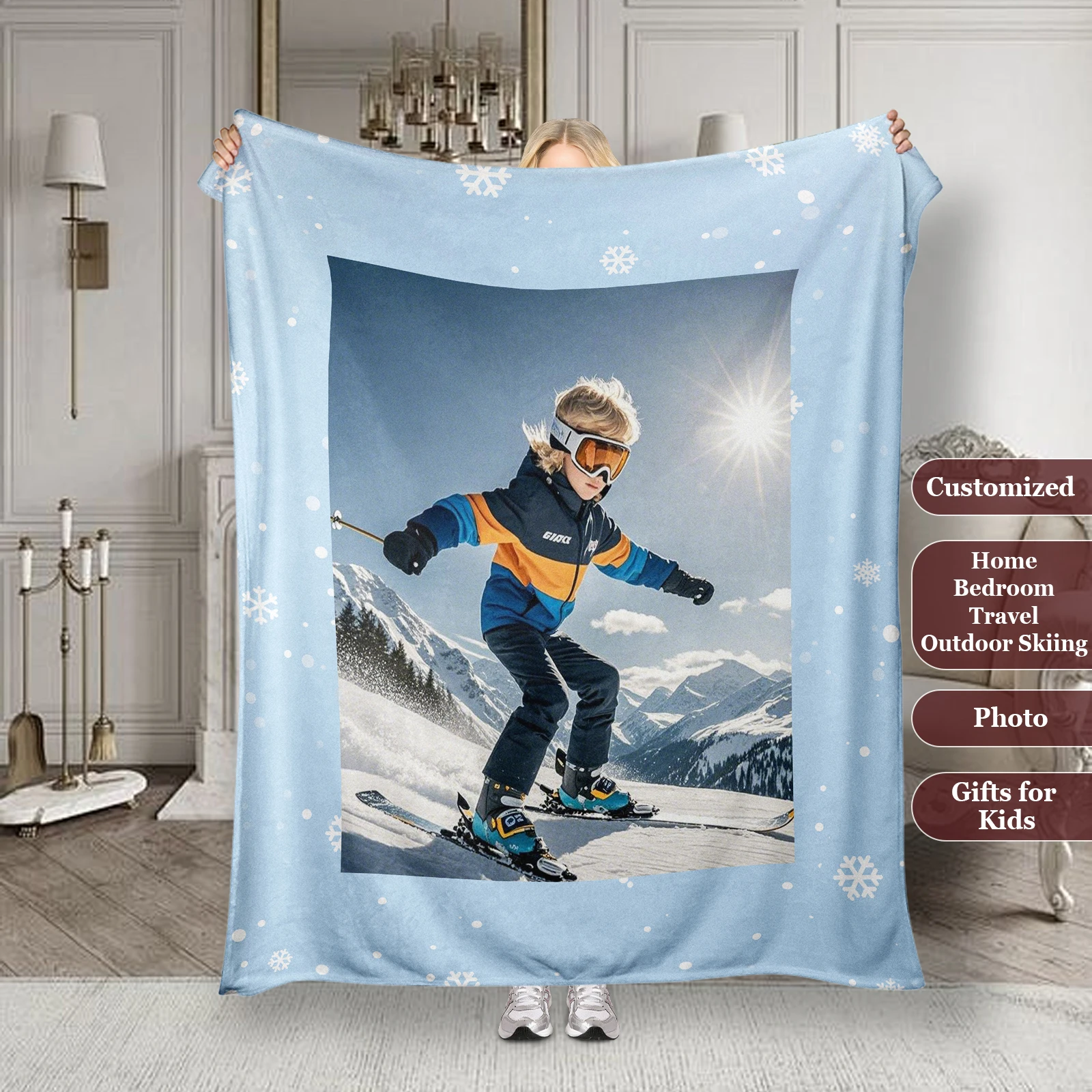 Kids Skiing Photo Customized Souvenir Blanket Creative Birthday Gift For Son Holiday Gift Couch Bedroom Travel Skiing Available