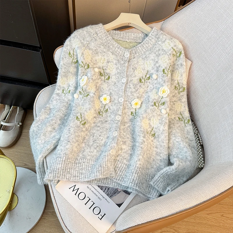 Women Light Grey 3D Floral Cardigan Sweater Vintage 2000s Y2k Aesthetic Jumper Knitwear Long Sleeves Sweater Autumn Clothes 2025