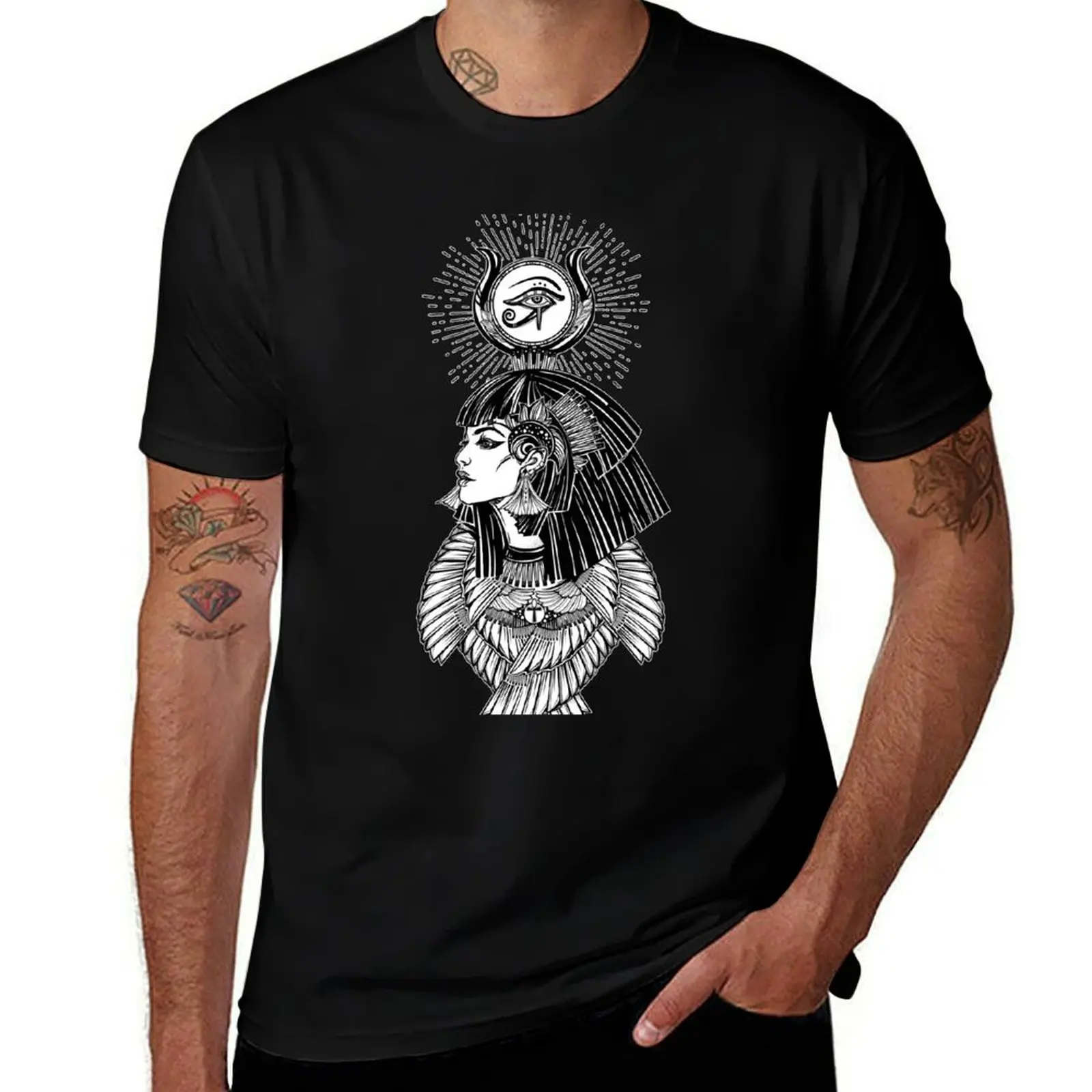 Egyptian Goddess with Eye of Horus, Ankh & 6 Feathers T-Shirt Basic Casual Short Sleeve Cotton Shirt T-Shirt