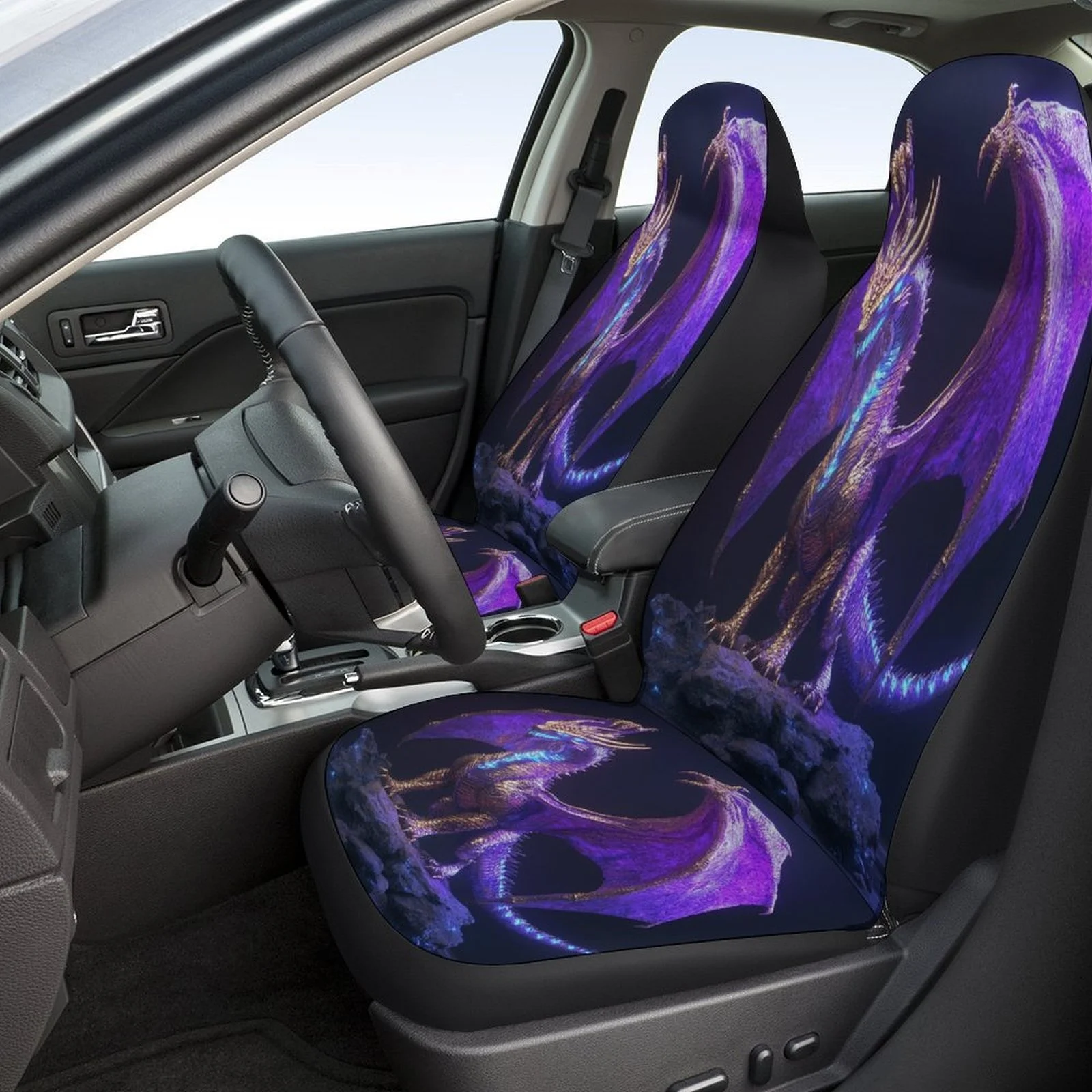 Set Of Car Seat Covers Featuring A Purple Dragon Design, Suitable For A Variety Of Vehicles. This Stylish And Unique Full Set In