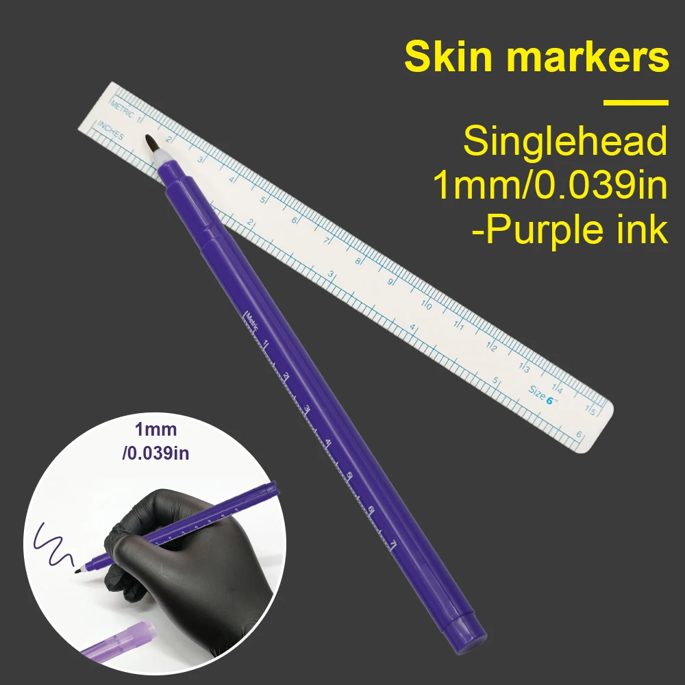 KVM Purple Tattoo Marker Pen with Ruler Single Dual Tip 0.5mm & 1mm Surgical Skin Stencil Surgical Tattoo Stencil Marker