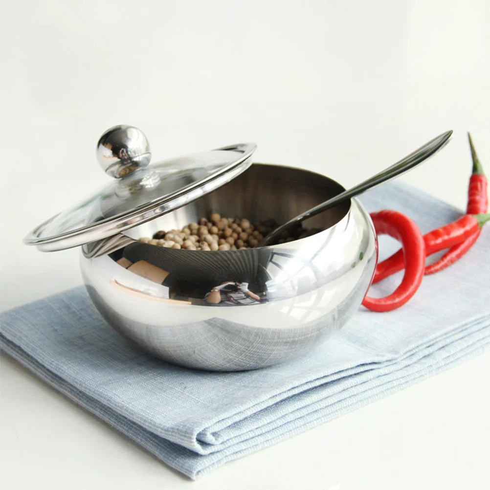

Stainless Steel Seasoning Pot With Spoon Sugar Bowl Drum Type Ingredient Container Kitchen Jar For Spices Condiments Spice