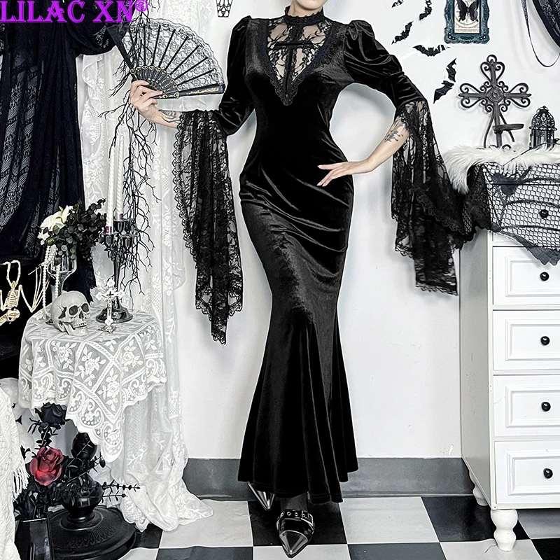 Lilac XN Secxy Goth Cross Lace See Through Puff Flared Sleeve Long Dress Vintage Elegant Bodycon Dresses Women Autumn Winter