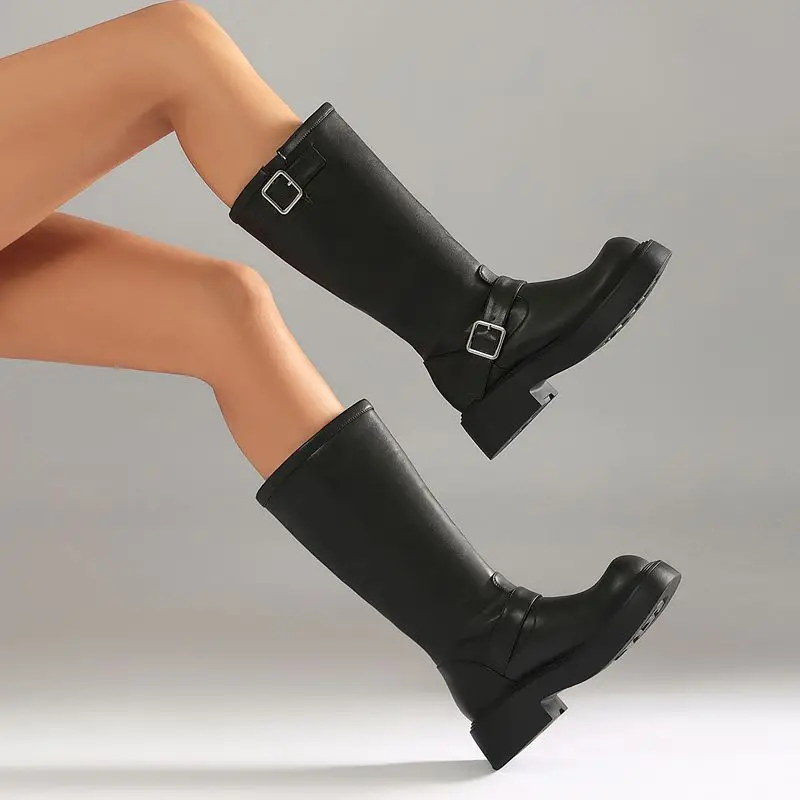 ORCHA LISA Lady Black Medium Boots Circular Toe 5cm Block Heel 3cm Platform Sole Slide In Belt Clasp Large Size 41 42 43