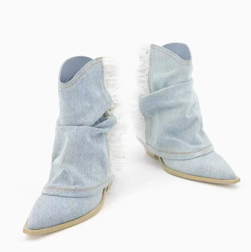 Pleated Denim Ankle Boots Women 2023 Autumn Pointed Toe Thick Heeled Cowgirl Boots Woman Blue Jeans Shoes Botas Plus Size 42