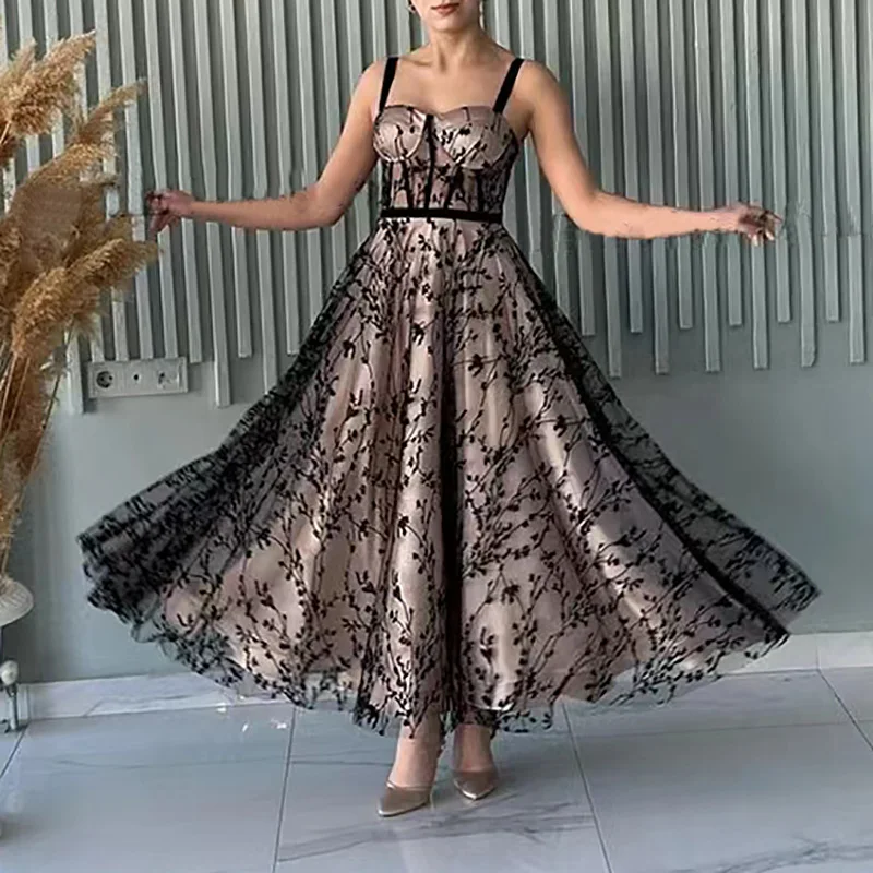 Elegant Black Prom Dresses for Women Spaghetti Strap Ankle-Length A-Line Special Events Wedding Gala Evening Party Gown 2023 New