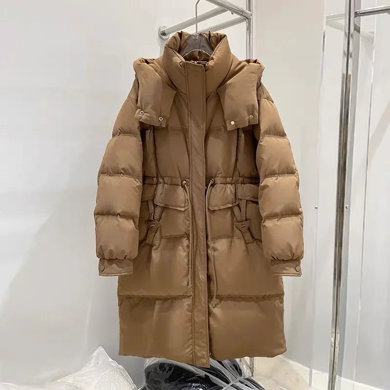 Parkas de pato branco longo para mulheres, jaqueta com capuz, leve, luxo, cintura, casacos quentes, moda coreana, inverno, 2024