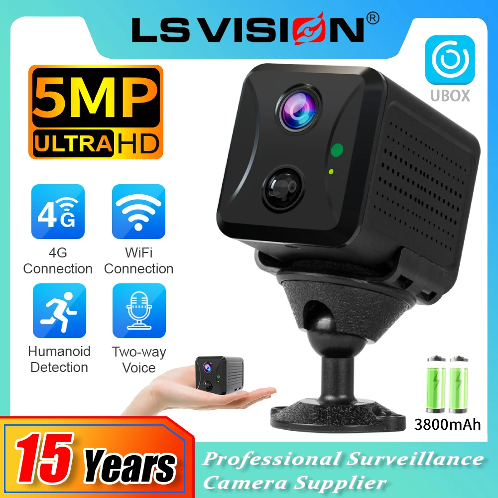 LS VISION 5MP 4G Sim Mini Camera Wifi 3800mAh Battery CCTV Security Camera Intercom PIR Detection Surveillance IP Camera Ubox