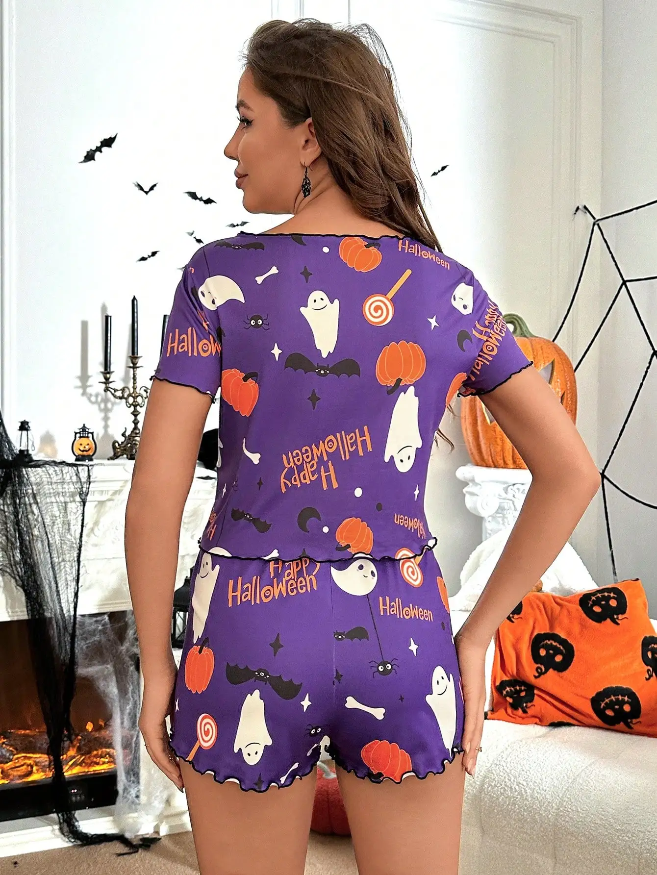 Halloween Limited Standard Size Women's Summer Pajamas Women's Casual Cute Pumpkin Cartoon Print Cool Suspender Shorts Pajama Set