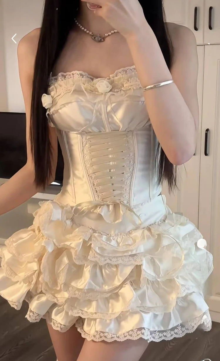 

Sweet Harajuku Lolita Princess Skirt Suits Japanese Design Sense Women Bow Tank Tops Mini Cake Skirts Lace Hot Chick 2 Piece Set