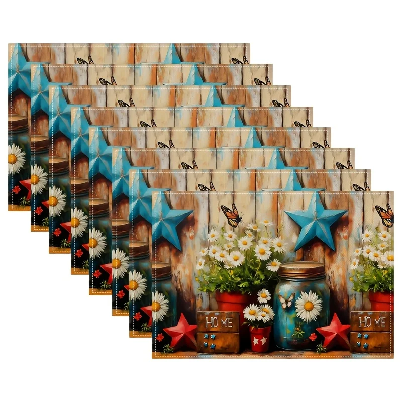 4pcs/6pcs/8pcs Rustic Country Placemats Set Wooden Fence Star and Daisy Print Table Mats for Farmhouse Kitchen Decor