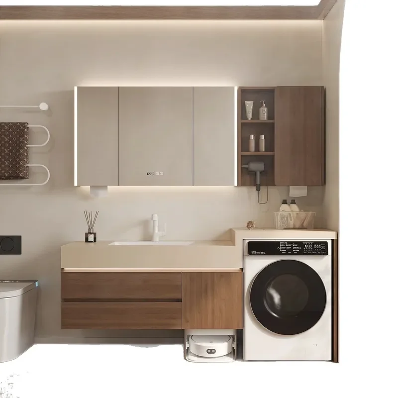 Solid Wood Washing Machine Cabinet with Ceramic Basin Seamless Rock Slab Countertop Light Luxury Bathroom Laundry Sink Unit