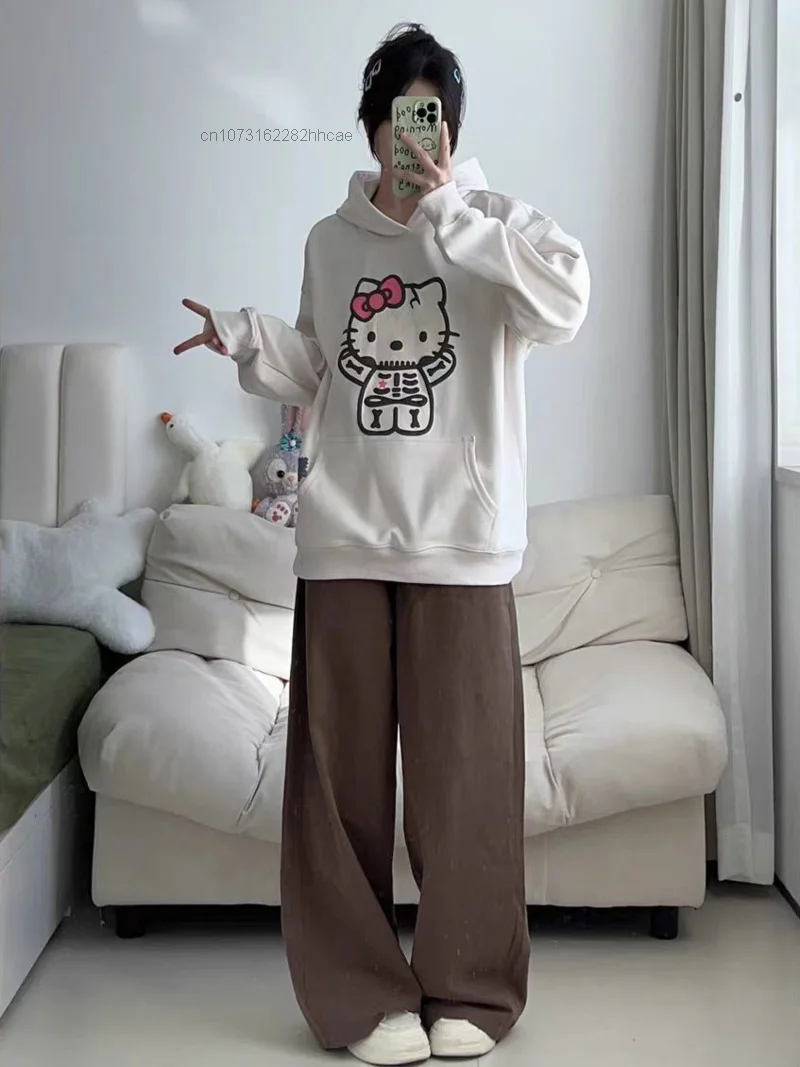 Sanrio Skeleton Hello Kitty Thick Hood Streetwear For Men And Women Winter 2000s Emo 2ky Goth Jumper Hoodie Grunge Sweatshirt