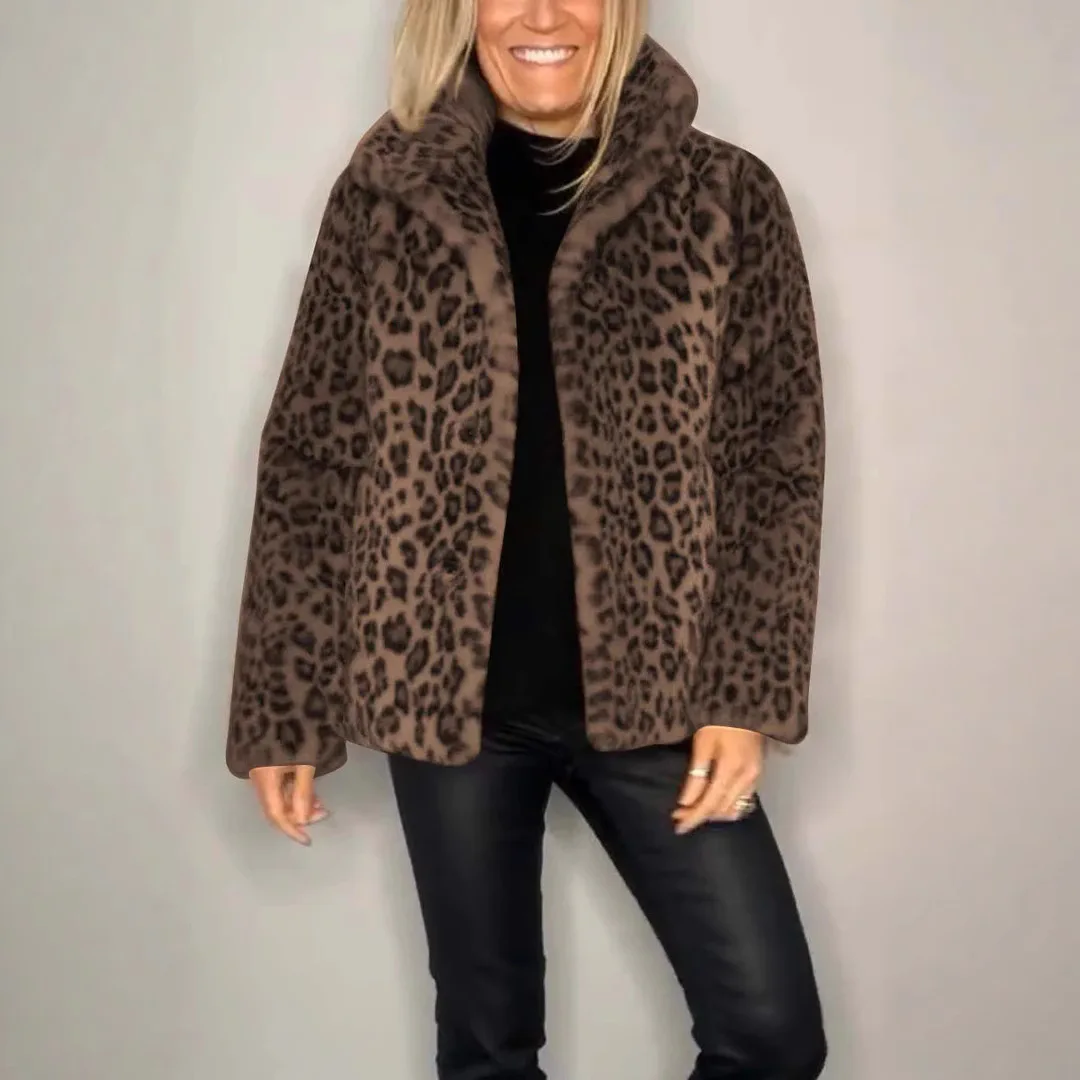 2025 Autumn and Winter Fashion Leopard Print Lapel Faux Fur Women's Short Jacket
