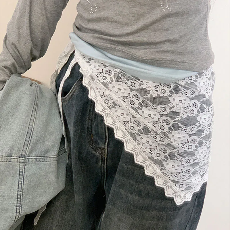 

Y2K Stacked Lace Half Skirt Women Lace Tulle Bandage Skirt Layering Small Butt Curtain Short Skirt Flower Triangle Hair Scarf