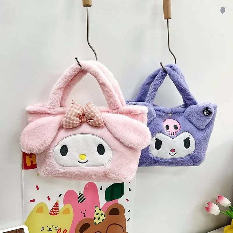 Miniso Sanliou Cute Plush Bag Kuromi 2025 New Girl Handbag Winter Student Cartoon Storage Small Bag Birthday Gift for Friends