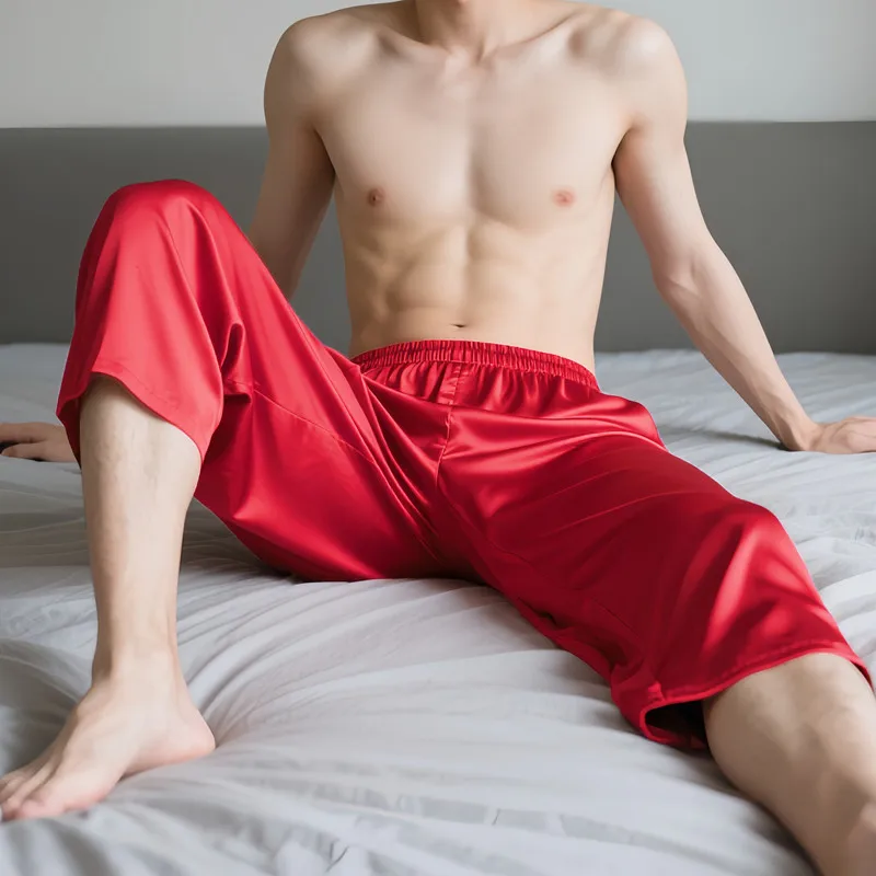 Ultra-Thin Summer Ice Silk Men's Sleepwear Casual Home Pants Seven-Foot Length Pure Color Home Leisure Polyester Fiber